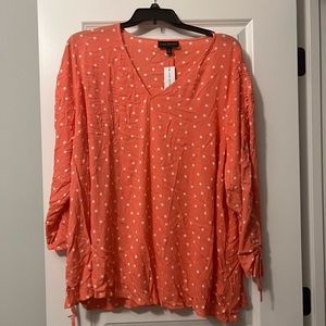 NWT LANE BRYANT LIGHTWEIGHT POLKA DOT CORAL 3/4 SLEEVE TOP WITH TIES